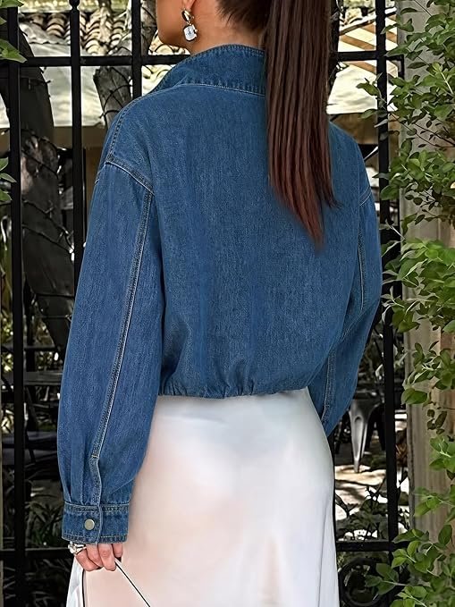 Yousify Women's Cropped Denim Bomber Jacket - Alternative color or back view